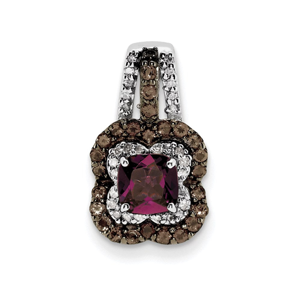 Anhänger aus rhodiniertem Sterlingsilber mit Rhodolith-Granat, Rauchquarz und Diamant