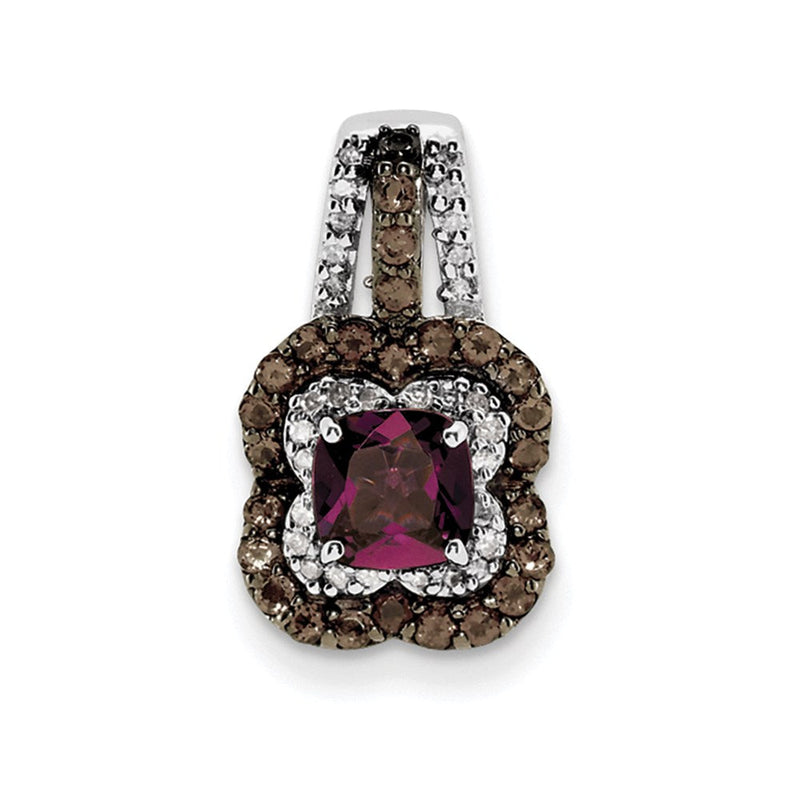 Anhänger aus rhodiniertem Sterlingsilber mit Rhodolith-Granat, Rauchquarz und Diamant