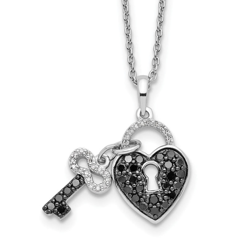 Sterlingsilber Weiß Nacht Rhodiniert Schwarz und Diamant Herz Key 18 Zoll Halskette mit 2 Verlängerung