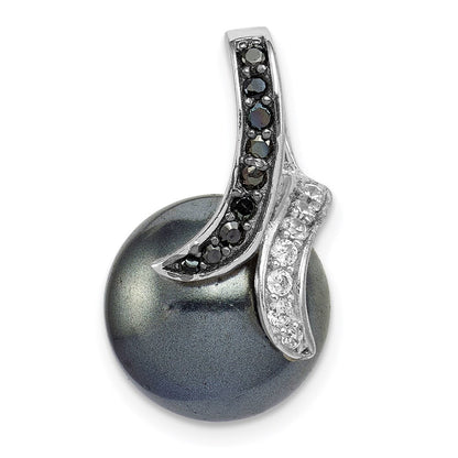 Sterlingsilber Rhodiniert Blk/wht Zirkonia Blk Imitat Muschel Perle Anhänger
