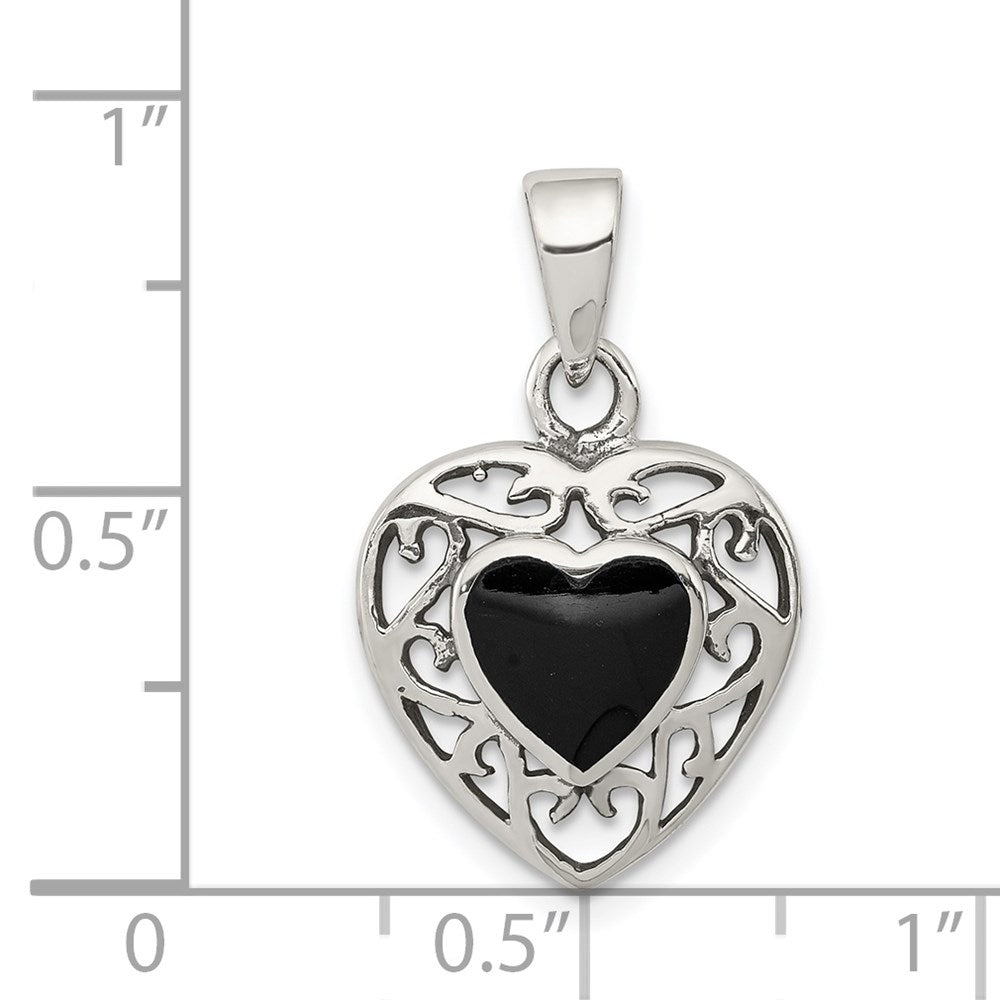 Sterlingsilber Filigran Rahmen Onyx Herz Antikisiert Anhänger