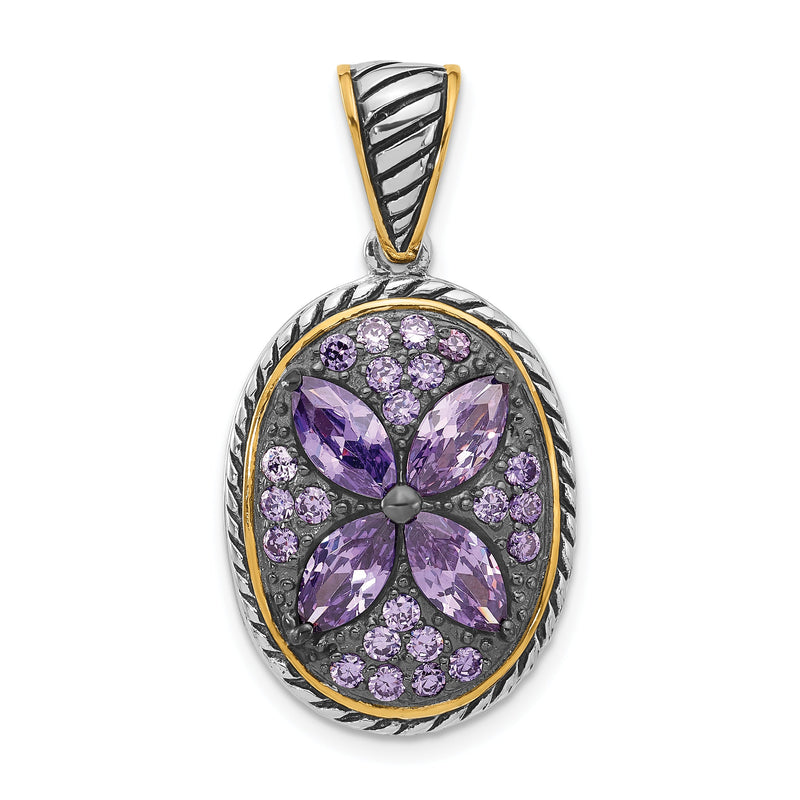 Sterlingsilber und Glanz Vergoldet mit Schwarz Rhodium Poliert Antikisiert Lila Zirkonia Blume Oval Anhänger