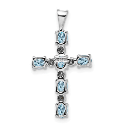 Sterlingsilber Rhodiniert Diamant & Aquamarin Kreuz Anhänger