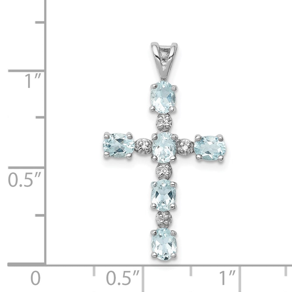 Sterlingsilber Rhodiniert Diamant & Aquamarin Kreuz Anhänger