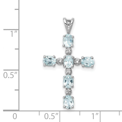 Sterlingsilber Rhodiniert Diamant & Aquamarin Kreuz Anhänger
