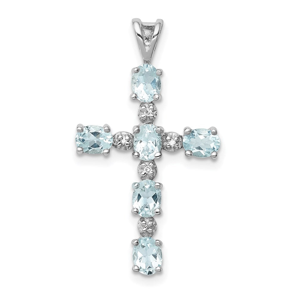 Sterlingsilber Rhodiniert Diamant & Aquamarin Kreuz Anhänger