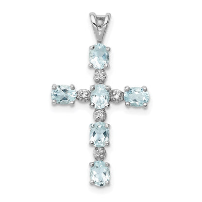 Sterlingsilber Rhodiniert Diamant & Aquamarin Kreuz Anhänger