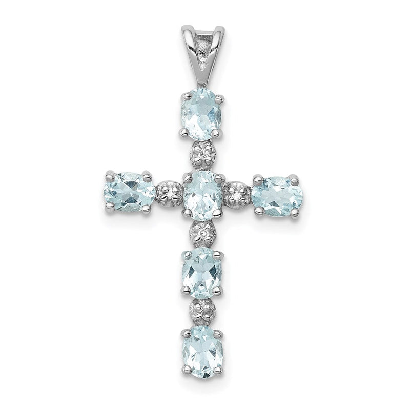 Sterlingsilber Rhodiniert Diamant & Aquamarin Kreuz Anhänger