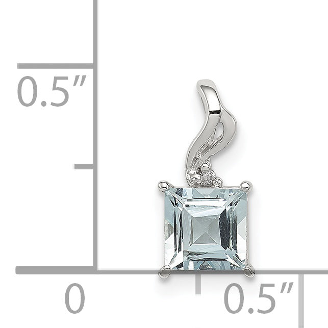 Sterlingsilber Rhodiniert Diamant. & Aquamarin Quadratisch Anhänger