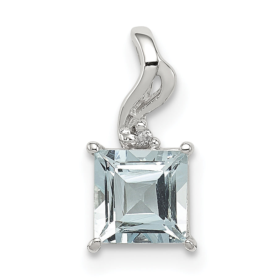 Sterlingsilber Rhodiniert Diamant. & Aquamarin Quadratisch Anhänger