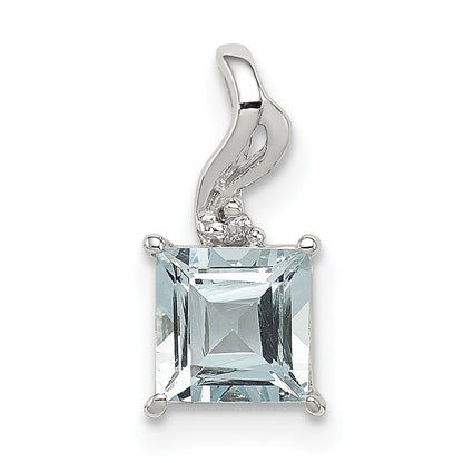 Sterlingsilber Rhodiniert Diamant. & Aquamarin Quadratisch Anhänger