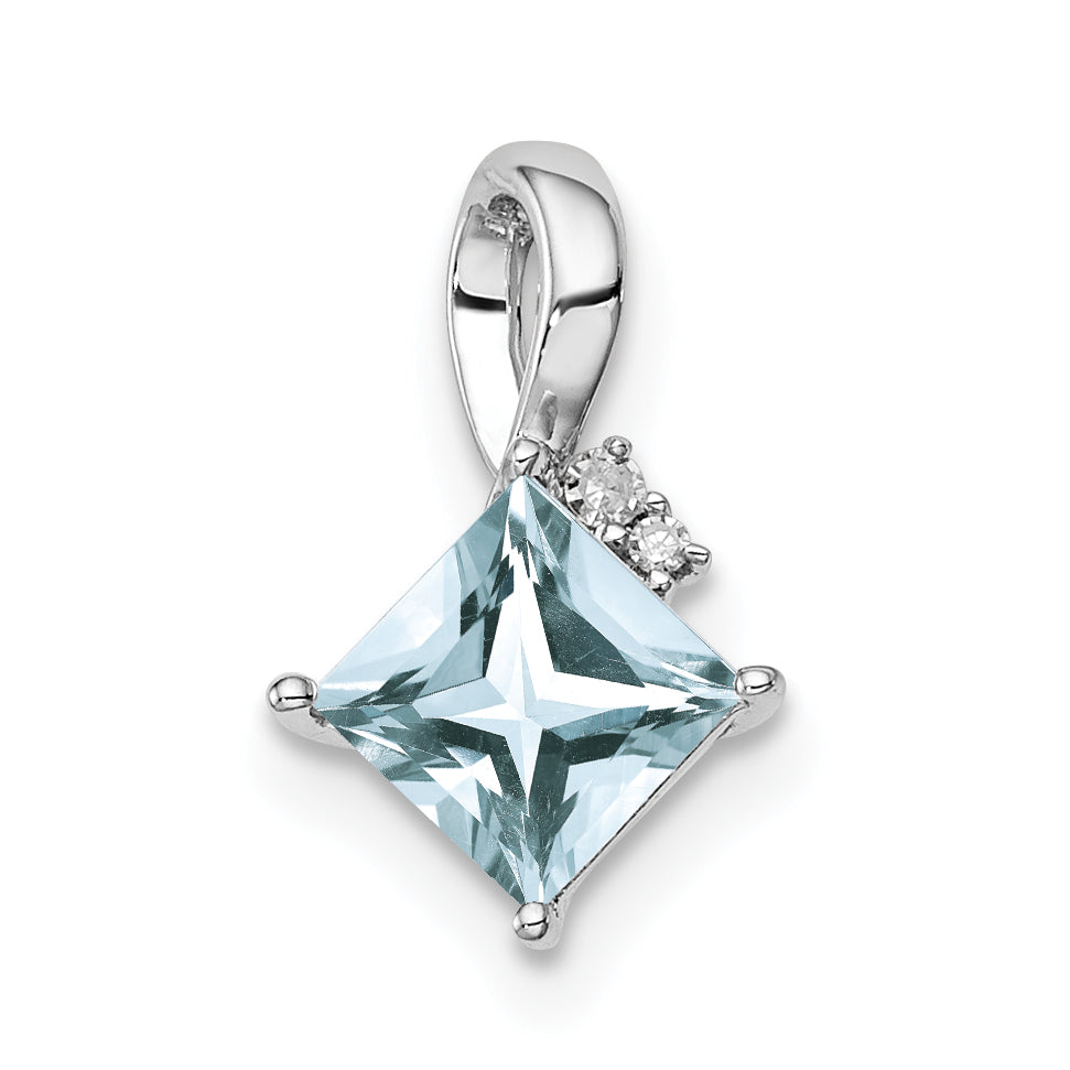 Sterlingsilber Rhodiniert Diamant. & Aquamarin Quadratisch Anhänger