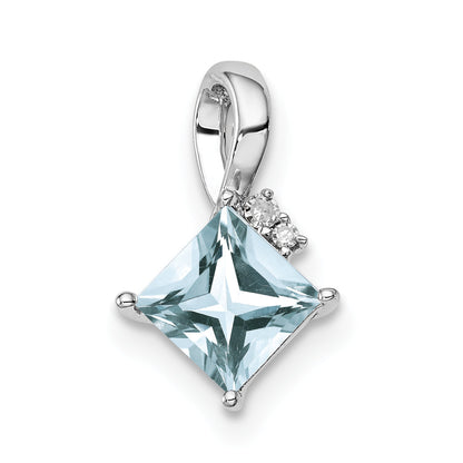 Sterlingsilber Rhodiniert Diamant. & Aquamarin Quadratisch Anhänger