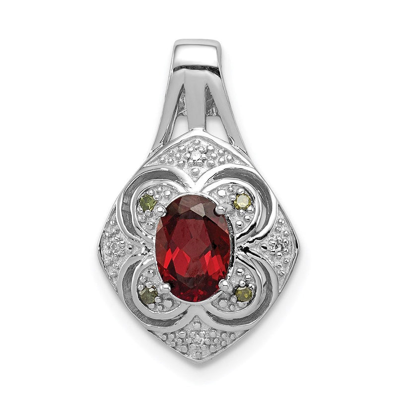 Anhänger aus Sterlingsilber, oval, rhodiniert, mit weißen Diamanten und Granat