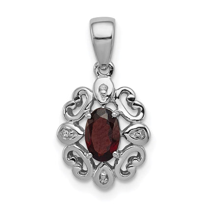 Sterlingsilber Rhodiniert Diamant & Granat Oval Anhänger