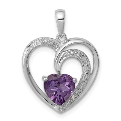 Sterlingsilber Rhodiniert Diamant und Amethyst Herz Anhänger