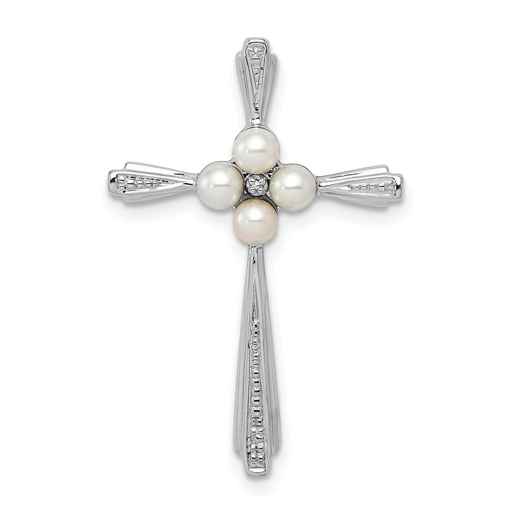 Sterlingsilber Rhodiniert Diamant Fw Zuchtperle Kreuz Anhänger
