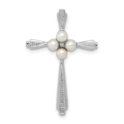 Sterlingsilber Rhodiniert Diamant Fw Zuchtperle Kreuz Anhänger