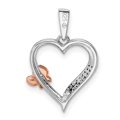 Sterlingsilber Rhodiniert mit 14K Roségold Schmetterling Diamant Herz Anhänger