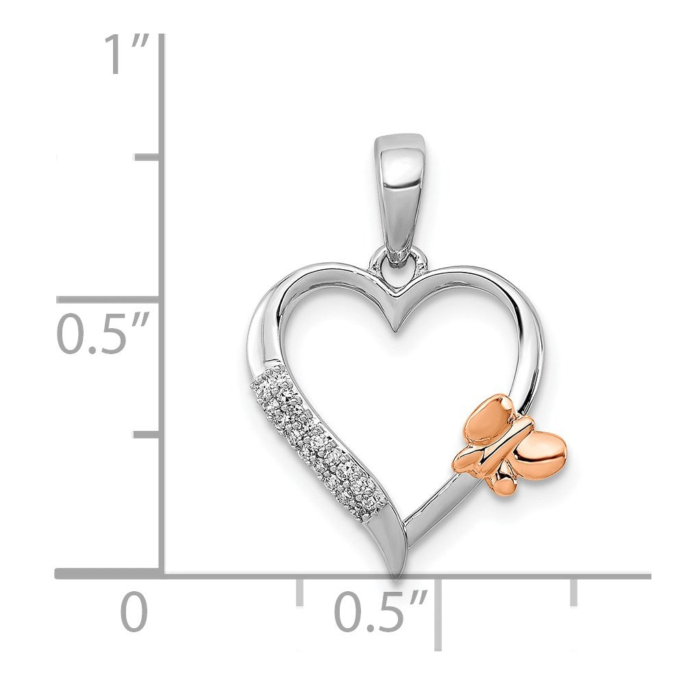 Sterlingsilber Rhodiniert mit 14K Roségold Schmetterling Diamant Herz Anhänger