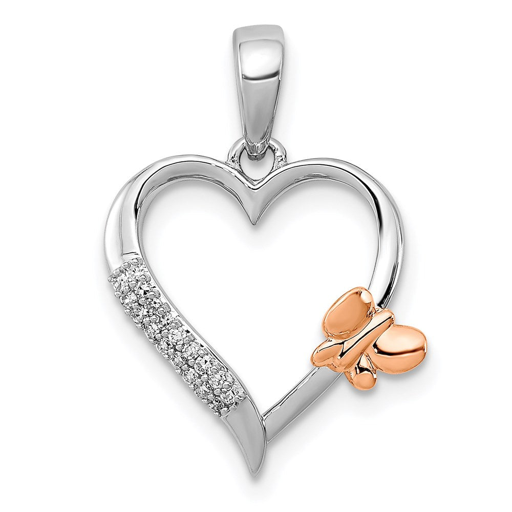 Sterlingsilber Rhodiniert mit 14K Roségold Schmetterling Diamant Herz Anhänger