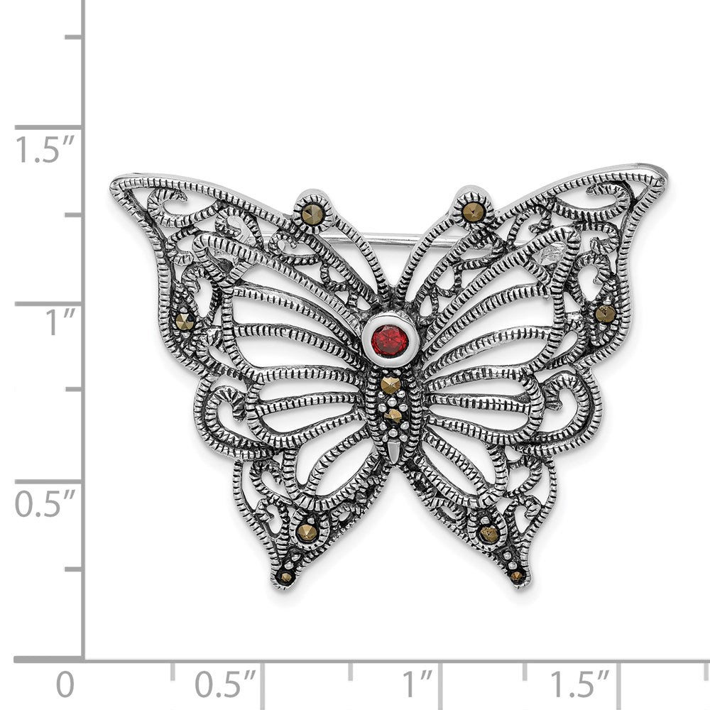 Sterlingsilber Rhodiniert Markasit Rot Zirkonia Schmetterling Brosche