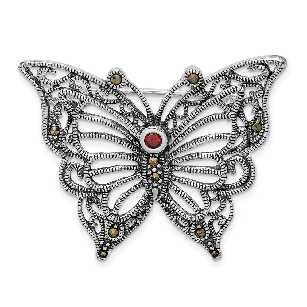 Sterlingsilber Rhodiniert Markasit Rot Zirkonia Schmetterling Brosche