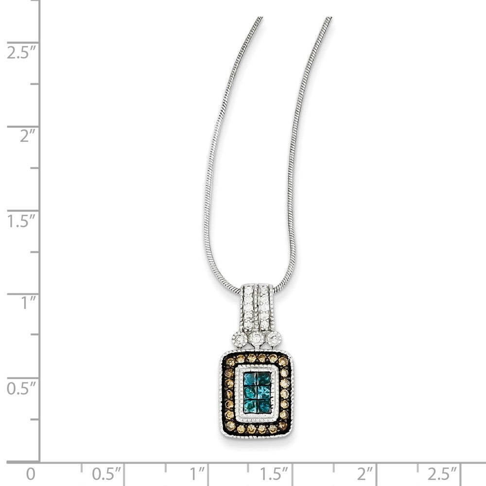 Sterlingsilber-Halskette mit Anhänger und weißen, champagnerfarbenen und blauen Diamanten, 0,75 ct Gesamtgewicht