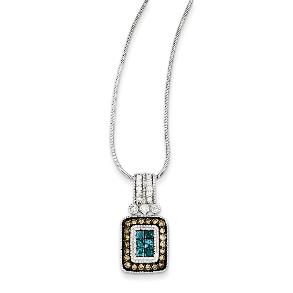 Sterlingsilber-Halskette mit Anhänger und weißen, champagnerfarbenen und blauen Diamanten, 0,75 ct Gesamtgewicht