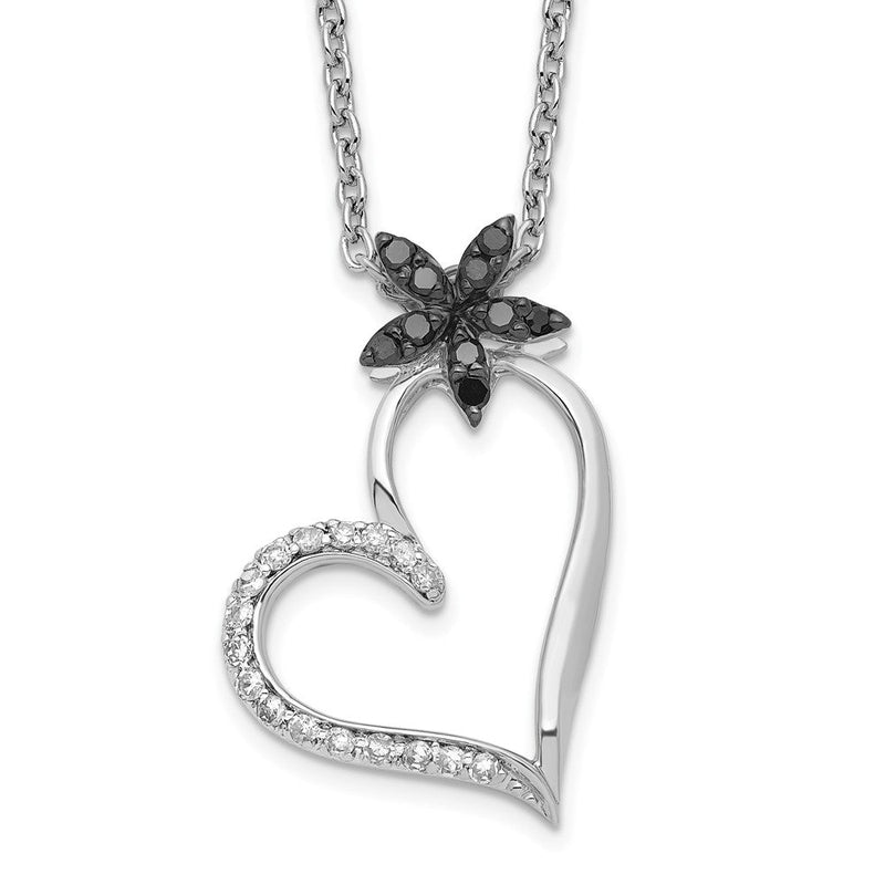 Sterlingsilber Weiß Nacht Rhodiniert Schwarz und Diamant Herz mit Blume 18 Zoll Halskette 2 Verlängerung