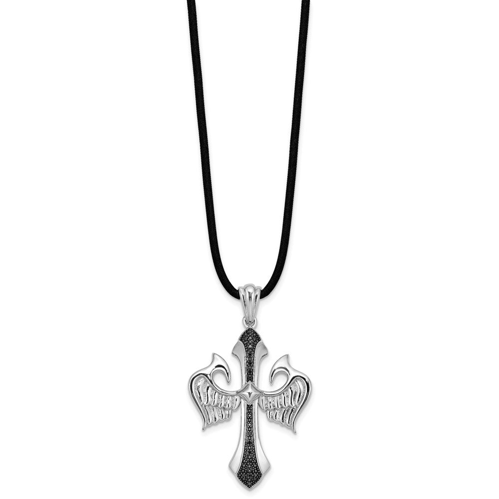 Halskette aus rhodiniertem Sterlingsilber mit Kreuz- und Flügel-Anhänger mit schwarzen Diamanten, Kautschukband, 45,7 cm (18 Zoll)
