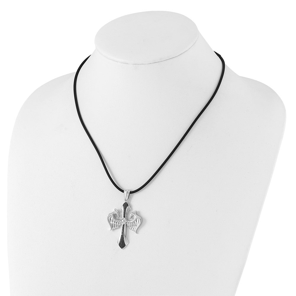 Halskette aus rhodiniertem Sterlingsilber mit Kreuz- und Flügel-Anhänger mit schwarzen Diamanten, Kautschukband, 45,7 cm (18 Zoll)