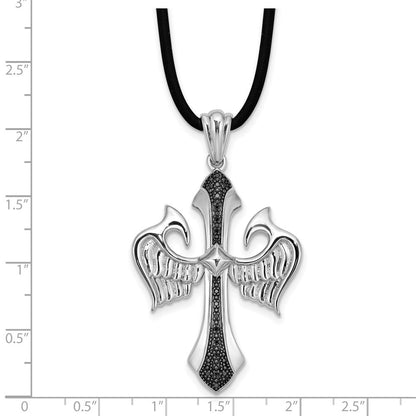Halskette aus rhodiniertem Sterlingsilber mit Kreuz- und Flügel-Anhänger mit schwarzen Diamanten, Kautschukband, 45,7 cm (18 Zoll)