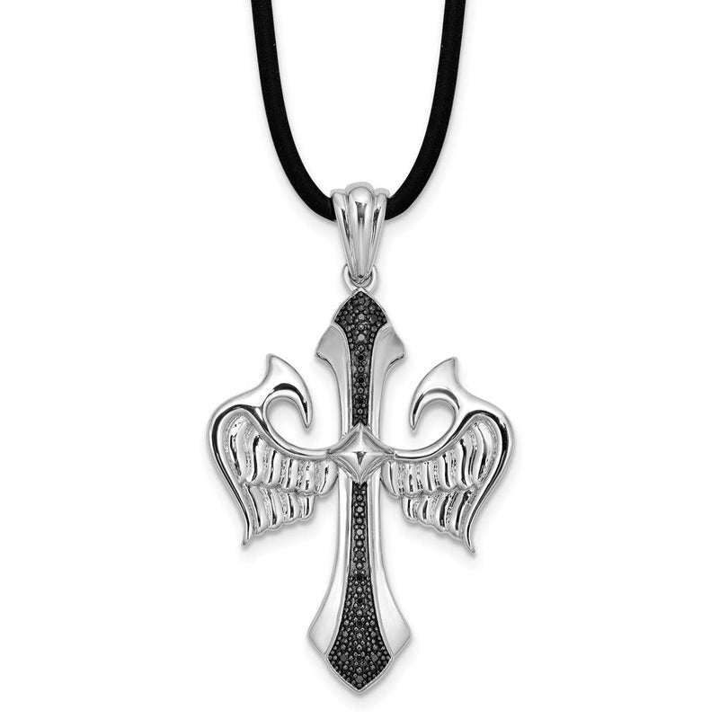 Halskette aus rhodiniertem Sterlingsilber mit Kreuz- und Flügel-Anhänger mit schwarzen Diamanten, Kautschukband, 45,7 cm (18 Zoll)