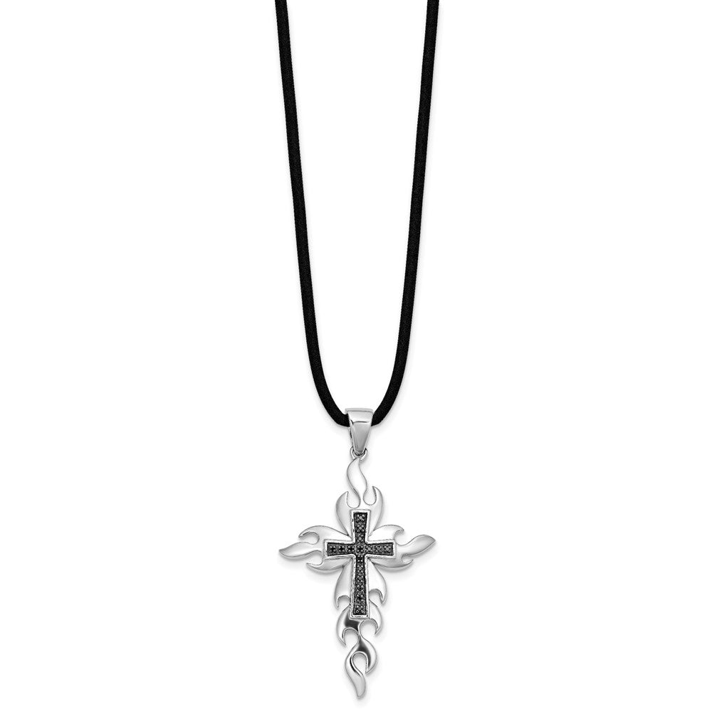 Rhodiniertes Sterlingsilber Kreuz-Halskette mit schwarzen Diamanten und 45,7 cm (18 Zoll) Kautschukband