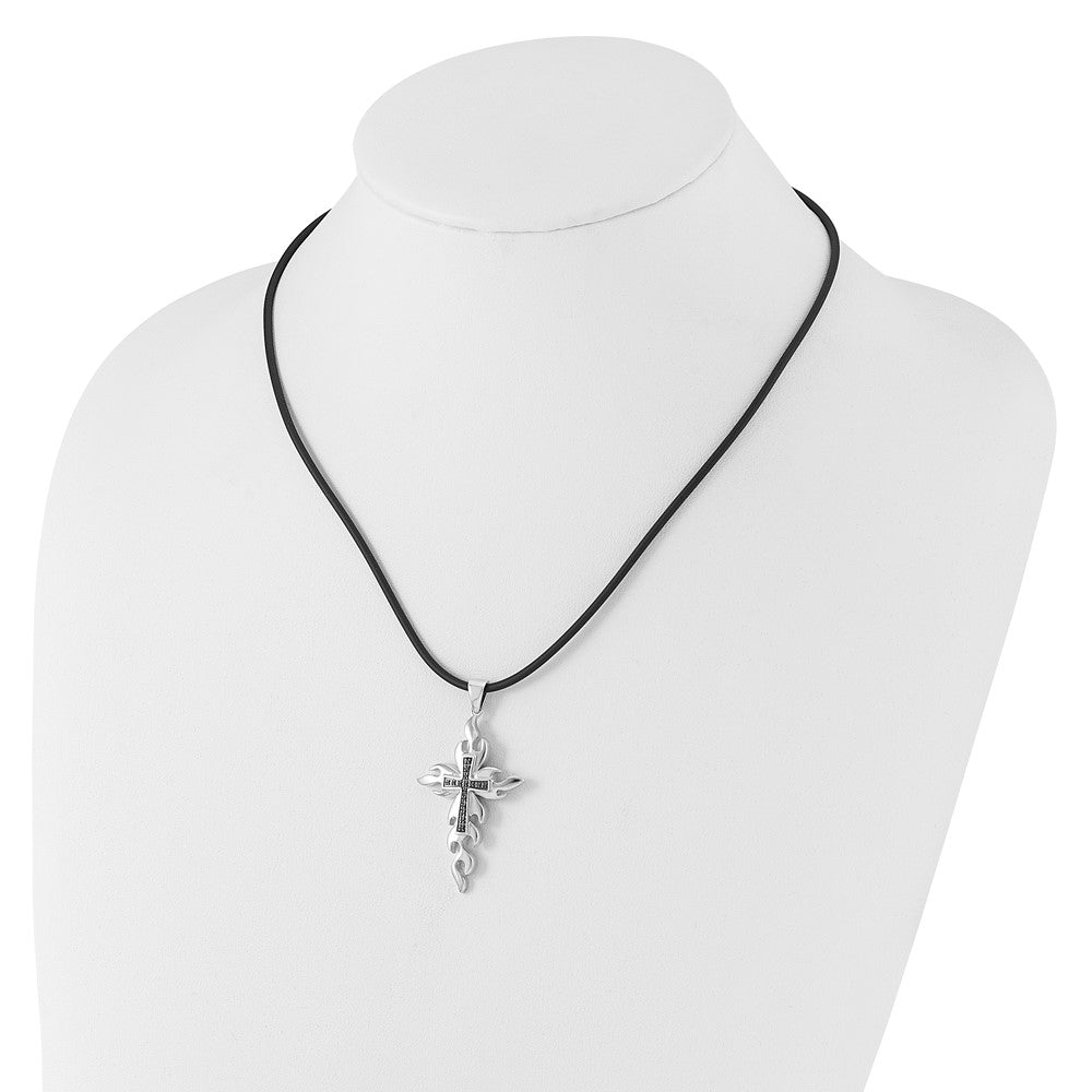 Rhodiniertes Sterlingsilber Kreuz-Halskette mit schwarzen Diamanten und 45,7 cm (18 Zoll) Kautschukband