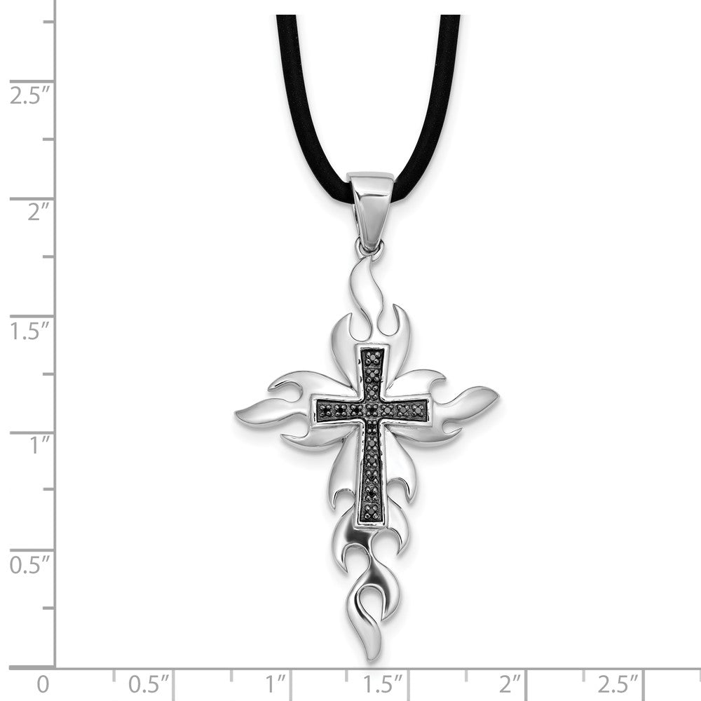Rhodiniertes Sterlingsilber Kreuz-Halskette mit schwarzen Diamanten und 45,7 cm (18 Zoll) Kautschukband
