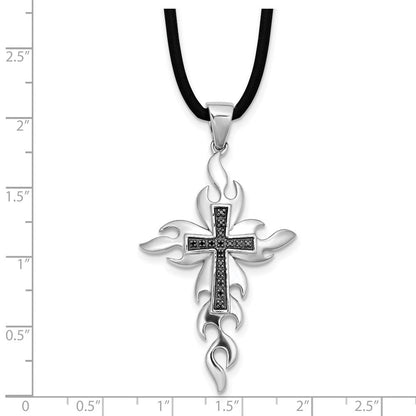 Rhodiniertes Sterlingsilber Kreuz-Halskette mit schwarzen Diamanten und 45,7 cm (18 Zoll) Kautschukband