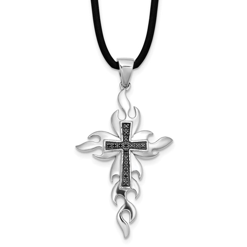 Rhodiniertes Sterlingsilber Kreuz-Halskette mit schwarzen Diamanten und 45,7 cm (18 Zoll) Kautschukband