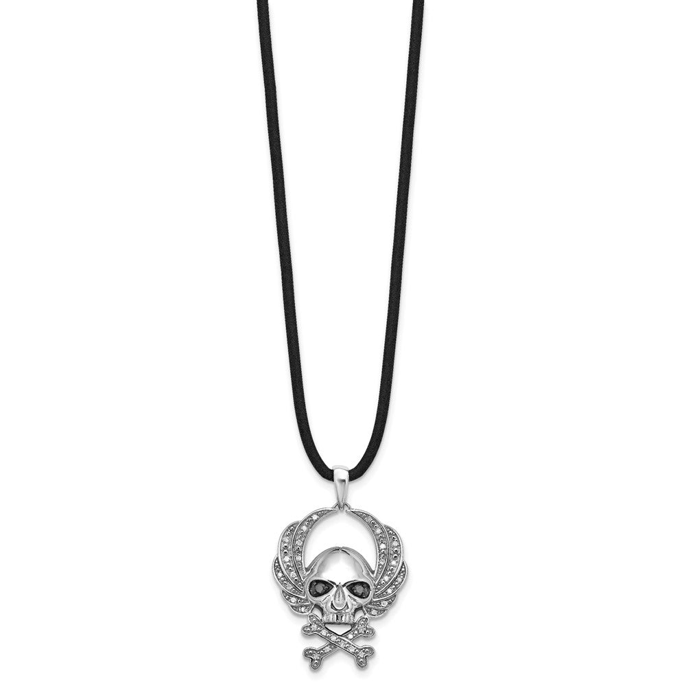 White Night Halskette Totenkopf aus rhodiniertem Sterlingsilber mit schwarzen und weißen Diamanten und Kautschukband, 18 Zoll