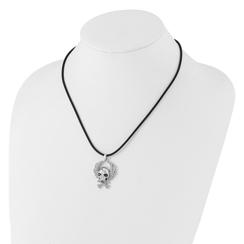 White Night Halskette Totenkopf aus rhodiniertem Sterlingsilber mit schwarzen und weißen Diamanten und Kautschukband, 18 Zoll