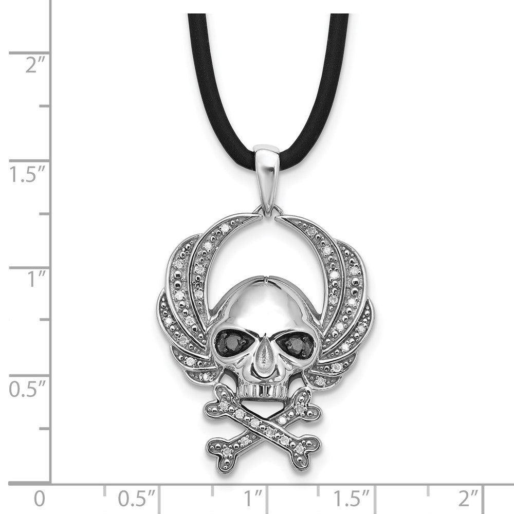 White Night Halskette Totenkopf aus rhodiniertem Sterlingsilber mit schwarzen und weißen Diamanten und Kautschukband, 18 Zoll