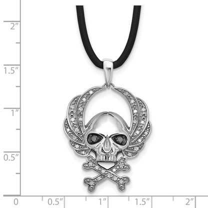 White Night Halskette Totenkopf aus rhodiniertem Sterlingsilber mit schwarzen und weißen Diamanten und Kautschukband, 18 Zoll