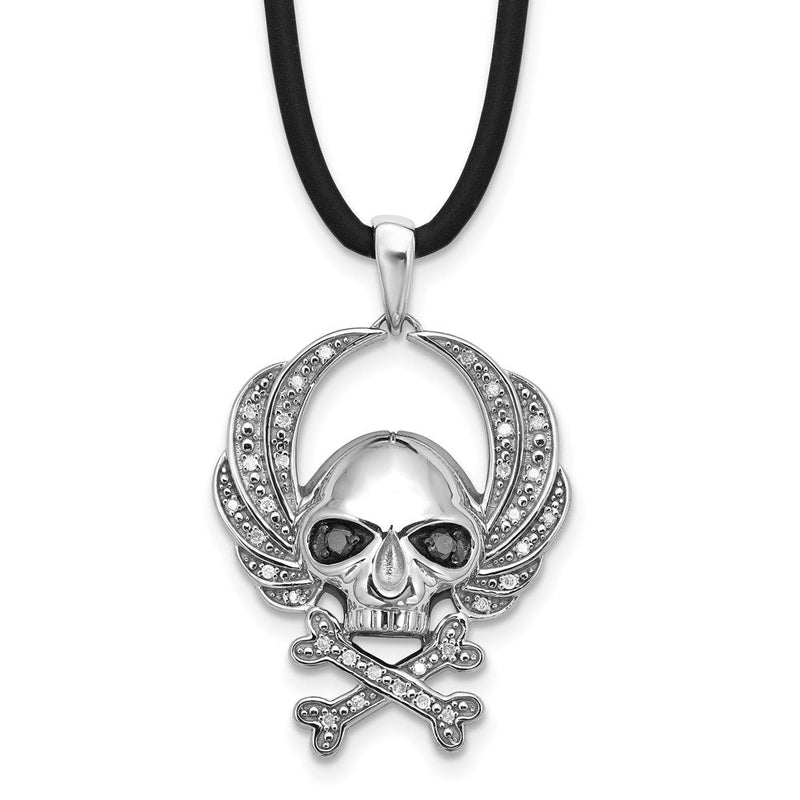 White Night Halskette Totenkopf aus rhodiniertem Sterlingsilber mit schwarzen und weißen Diamanten und Kautschukband, 18 Zoll