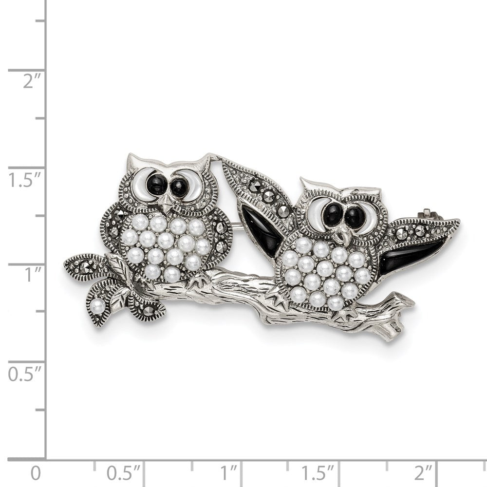 Sterlingsilber Markasit mit Schwarz Achat, Perlmutt & Fw Zuchtperle Brosche