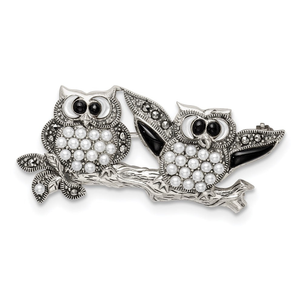 Sterlingsilber Markasit mit Schwarz Achat, Perlmutt & Fw Zuchtperle Brosche