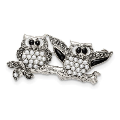 Sterlingsilber Markasit mit Schwarz Achat, Perlmutt & Fw Zuchtperle Brosche