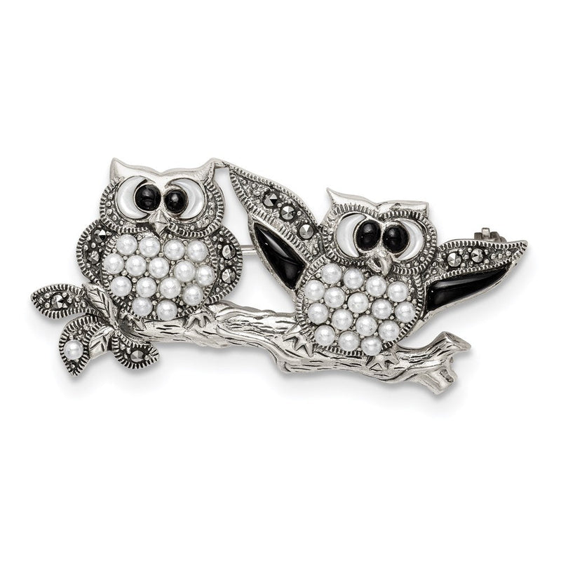 Sterlingsilber Markasit mit Schwarz Achat, Perlmutt & Fw Zuchtperle Brosche