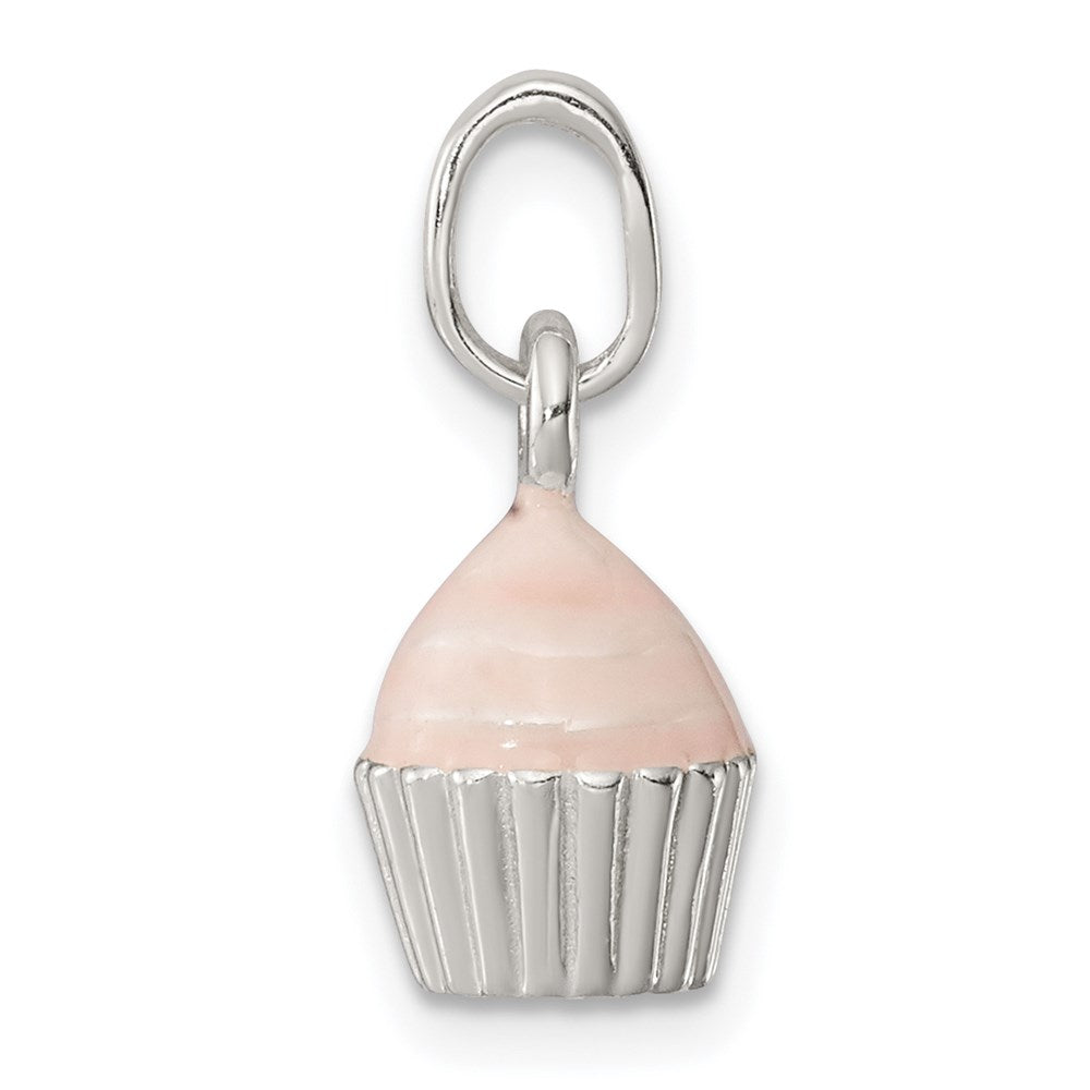 Sterlingsilber Poliert & Rosa Emailliert Cupcake Kinder Anhänger
