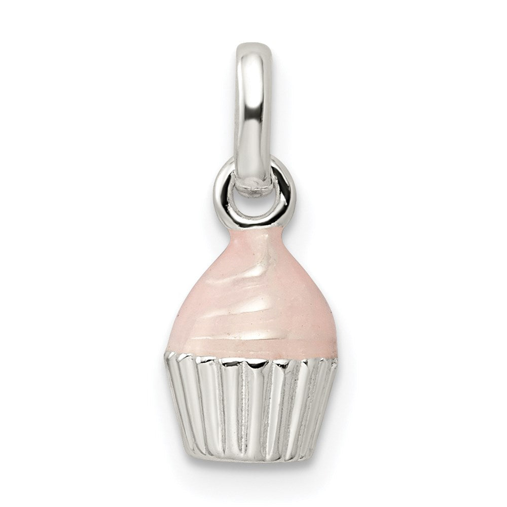 Sterlingsilber Poliert & Rosa Emailliert Cupcake Kinder Anhänger